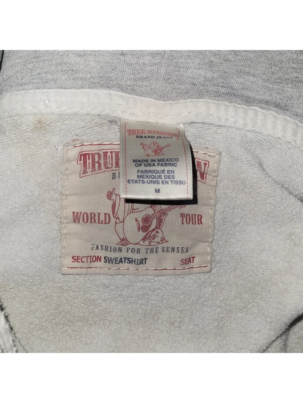 VTGTrue Religion Men's Gray Full Zip Hoodie Big T Stitching Sleeve Size M READ
